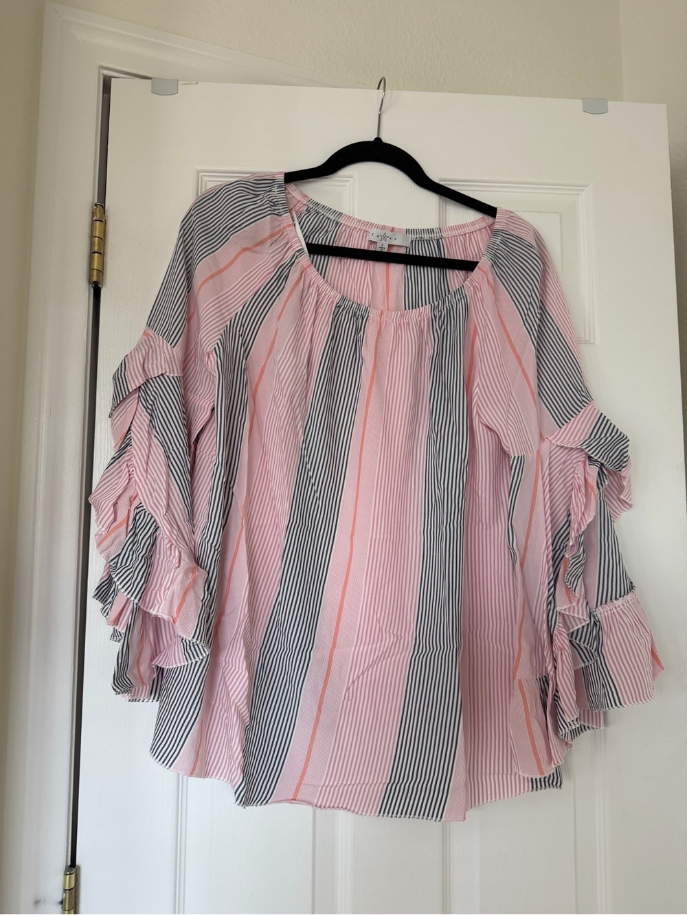 Fever Pink and Black Striped Ruffle Sleeve Blouse